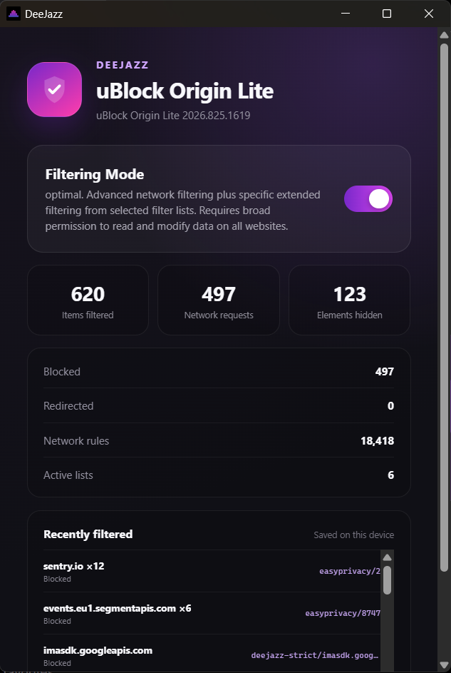 Real DeeJazz blocker panel showing active protection and saved filtering statistics